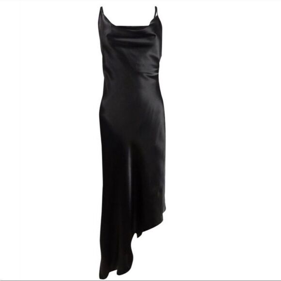 NWOT Bebe Black Satin Cowl Neck Maxi Midi Asymmetrical Dinner,Engagement - Picture 6 of 10